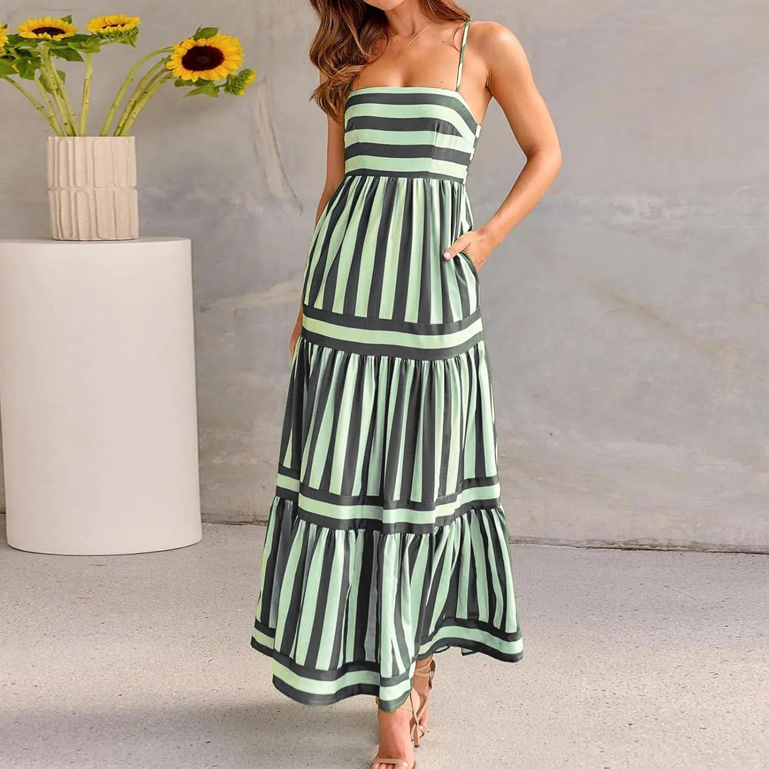 Womens Striped Maxi Dress Summer Fashion Slim Strap Sleeveless Cutout Long Dress Flowy Swing Beach Sundress 2025