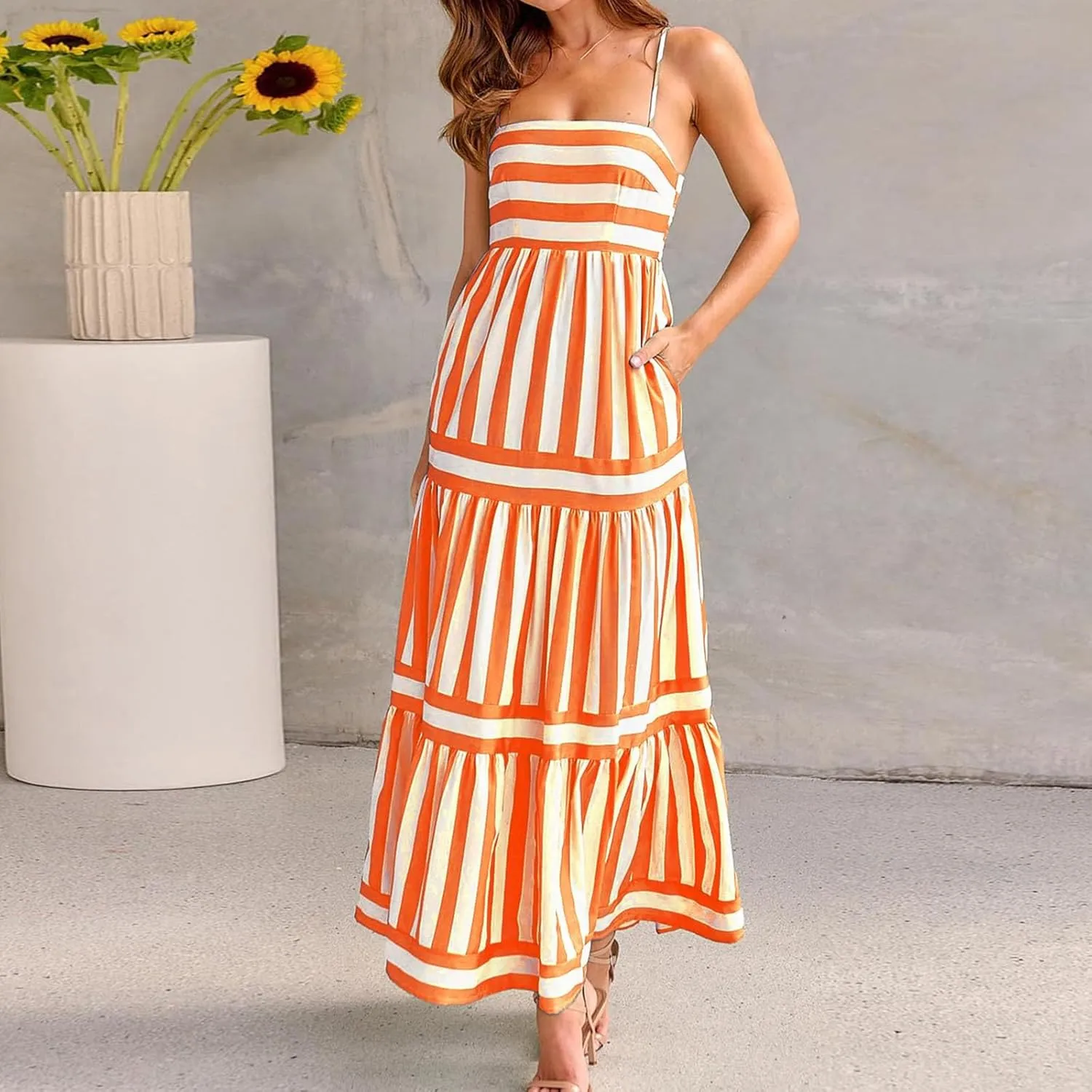 Womens Striped Maxi Dress Summer Fashion Slim Strap Sleeveless Cutout Long Dress Flowy Swing Beach Sundress 2025