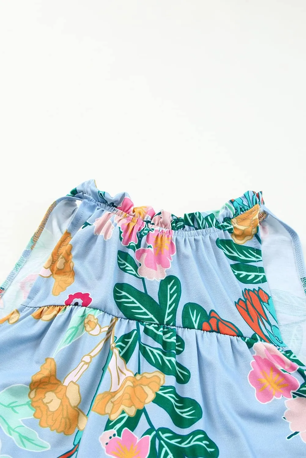 Women's Summer Boho Floral Sundress Sleeveless Halter Neck Elastic Waist Tiered Ruffle Beach Party Mini Swing Dress