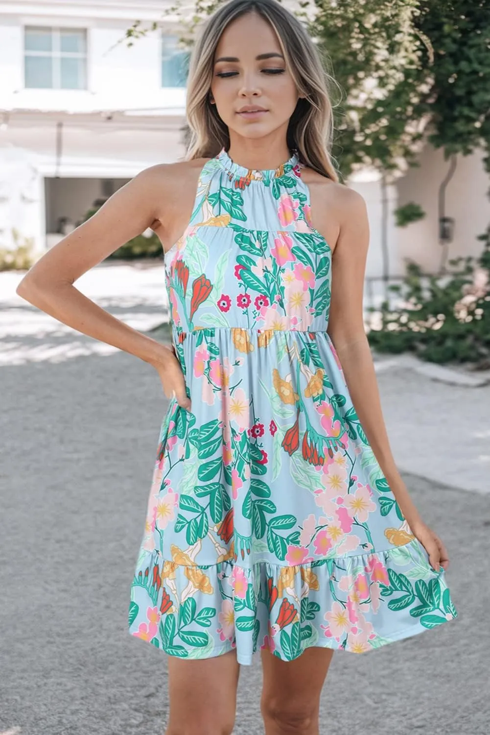 Women's Summer Boho Floral Sundress Sleeveless Halter Neck Elastic Waist Tiered Ruffle Beach Party Mini Swing Dress