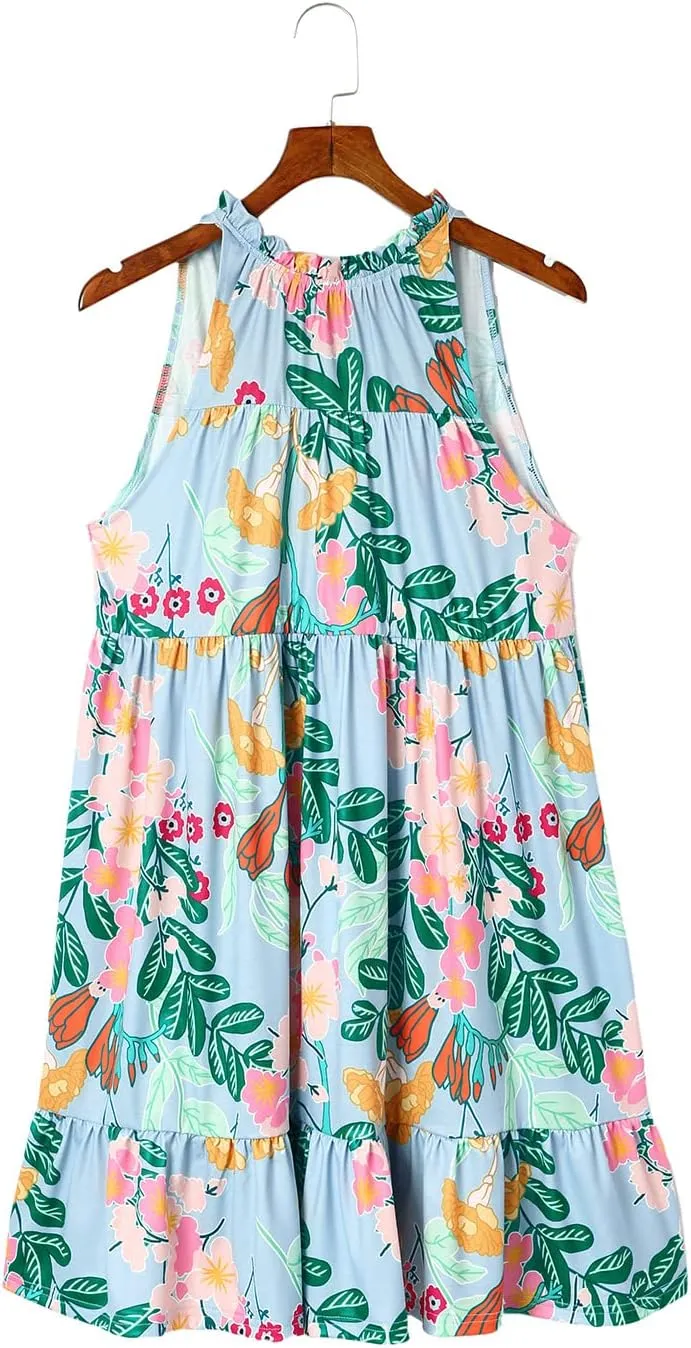 Women's Summer Boho Floral Sundress Sleeveless Halter Neck Elastic Waist Tiered Ruffle Beach Party Mini Swing Dress
