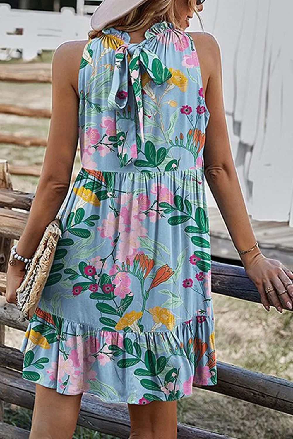 Women's Summer Boho Floral Sundress Sleeveless Halter Neck Elastic Waist Tiered Ruffle Beach Party Mini Swing Dress