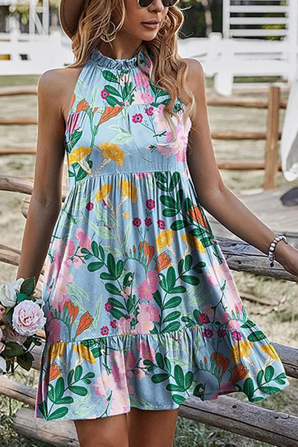 Women's Summer Boho Floral Sundress Sleeveless Halter Neck Elastic Waist Tiered Ruffle Beach Party Mini Swing Dress