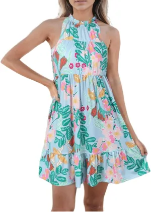 Women's Summer Boho Floral Sundress Sleeveless Halter Neck Elastic Waist Tiered Ruffle Beach Party Mini Swing Dress