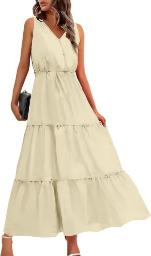 Women's Summer Casual Loose Boho Dress Sleeveless V-Neck Floral Print Vacation Travel Maxi Dresses,S-2XL