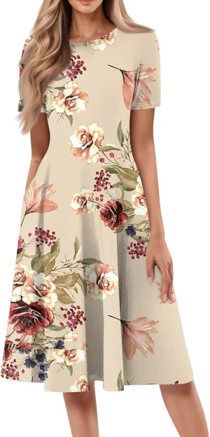 Women's Summer Casual Loose Trendy Beach Dress V-Neck Short Sleeve Floral Print Maxi Dresses, S-3XL