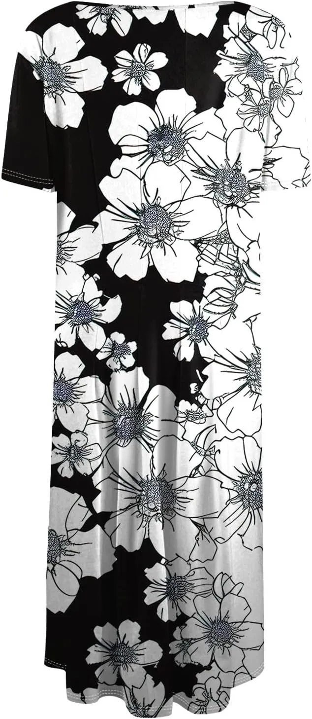 Women's Summer Casual Loose Trendy Beach Dress V-Neck Short Sleeve Floral Print Maxi Dresses, S-3XL