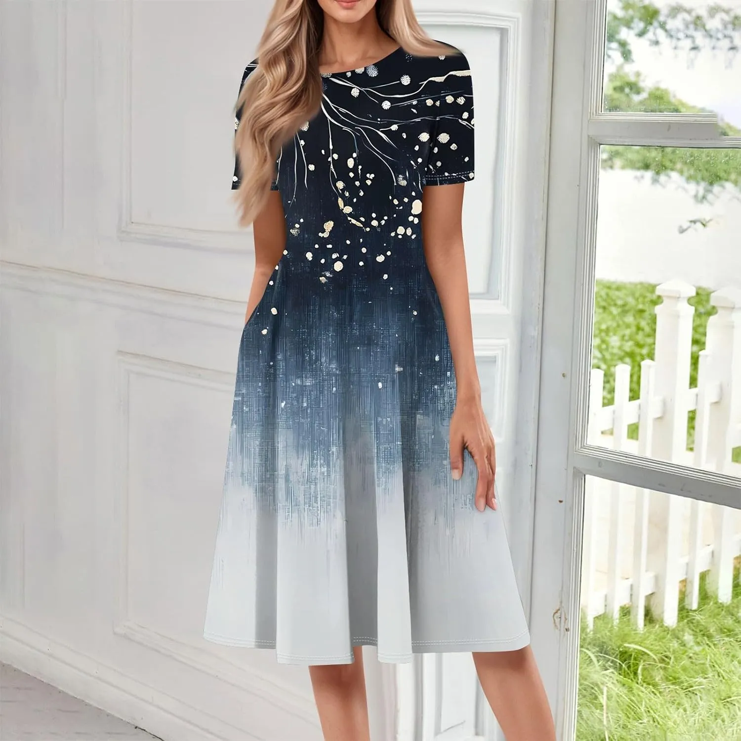 Women's Summer Casual Loose Trendy Beach Dress V-Neck Short Sleeve Floral Print Maxi Dresses, S-3XL