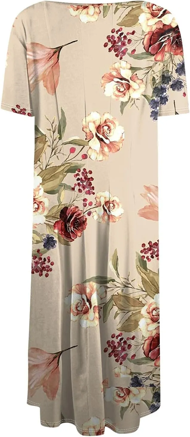 Women's Summer Casual Loose Trendy Beach Dress V-Neck Short Sleeve Floral Print Maxi Dresses, S-3XL