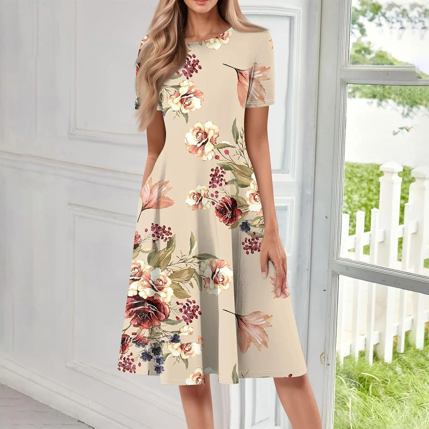Women's Summer Casual Loose Trendy Beach Dress V-Neck Short Sleeve Floral Print Maxi Dresses, S-3XL