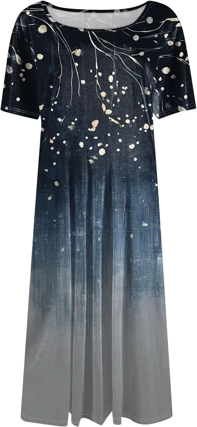 Women's Summer Casual Loose Trendy Beach Dress V-Neck Short Sleeve Floral Print Maxi Dresses, S-3XL