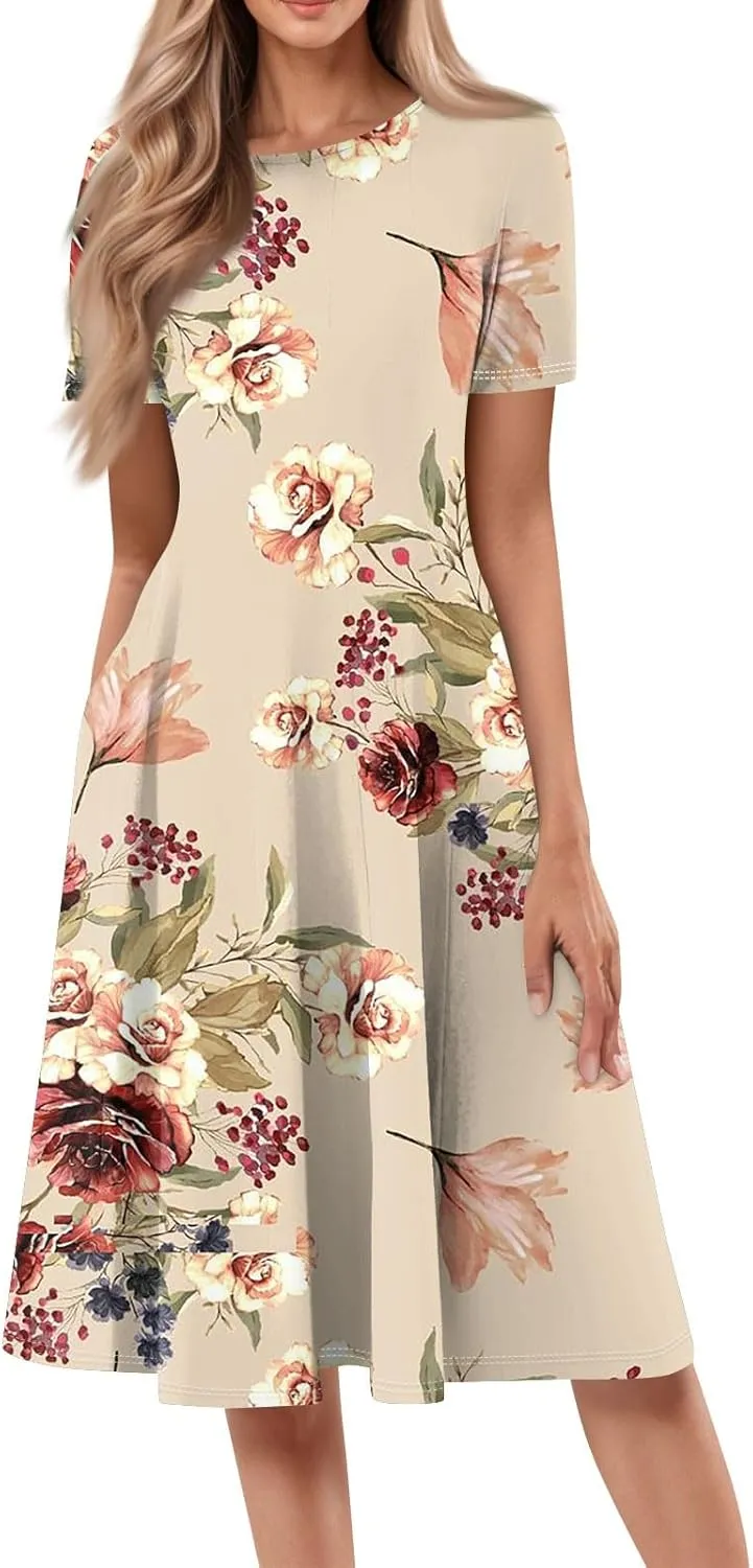 Women's Summer Casual Loose Trendy Beach Dress V-Neck Short Sleeve Floral Print Maxi Dresses, S-3XL