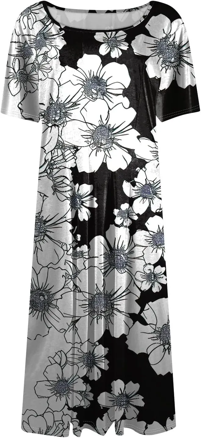 Women's Summer Casual Loose Trendy Beach Dress V-Neck Short Sleeve Floral Print Maxi Dresses, S-3XL