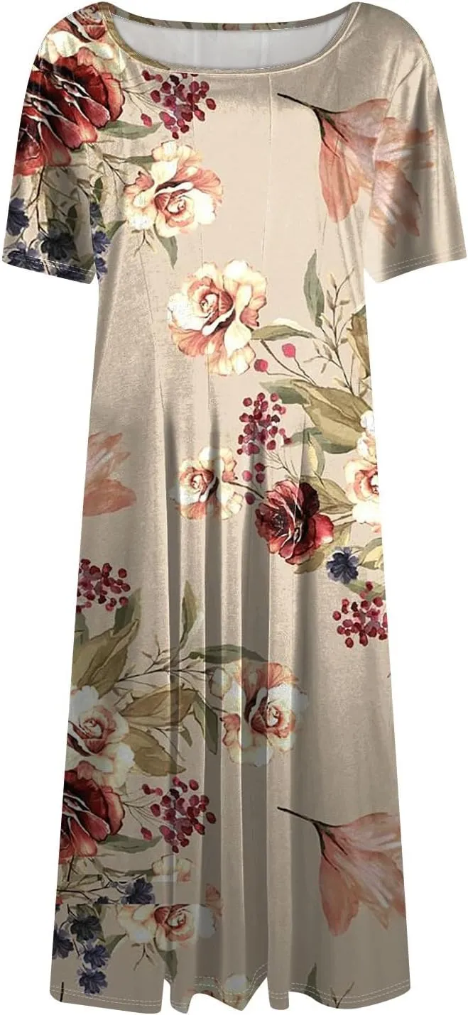 Women's Summer Casual Loose Trendy Beach Dress V-Neck Short Sleeve Floral Print Maxi Dresses, S-3XL