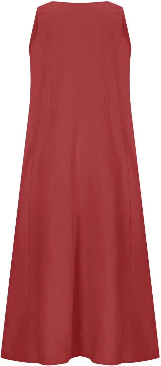 Womens Summer Casual Midi Maxi Dresses Plus Size Cotton Linen Sundresses Sleeveless Boho Flowy Dress with Pockets