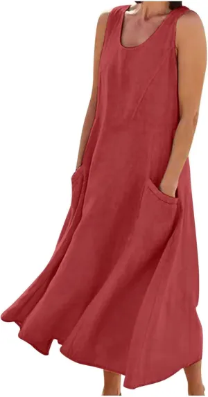 Womens Summer Casual Midi Maxi Dresses Plus Size Cotton Linen Sundresses Sleeveless Boho Flowy Dress with Pockets