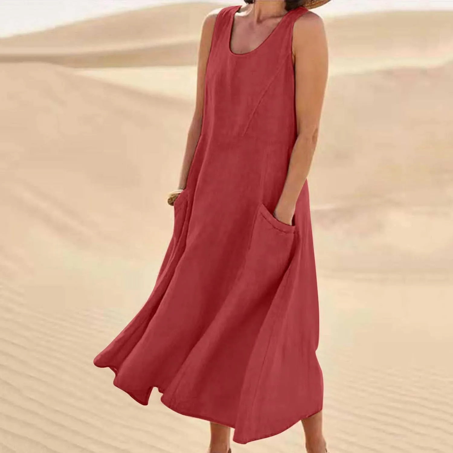 Womens Summer Casual Midi Maxi Dresses Plus Size Cotton Linen Sundresses Sleeveless Boho Flowy Dress with Pockets