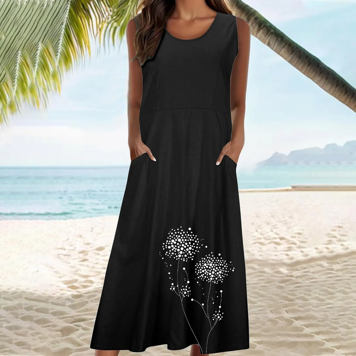 Women's Summer Casual Sleeveless Cotton Sun Dress Maxi Tank Beach 2025 Vacation Travel Floral Print Dress with Pockets