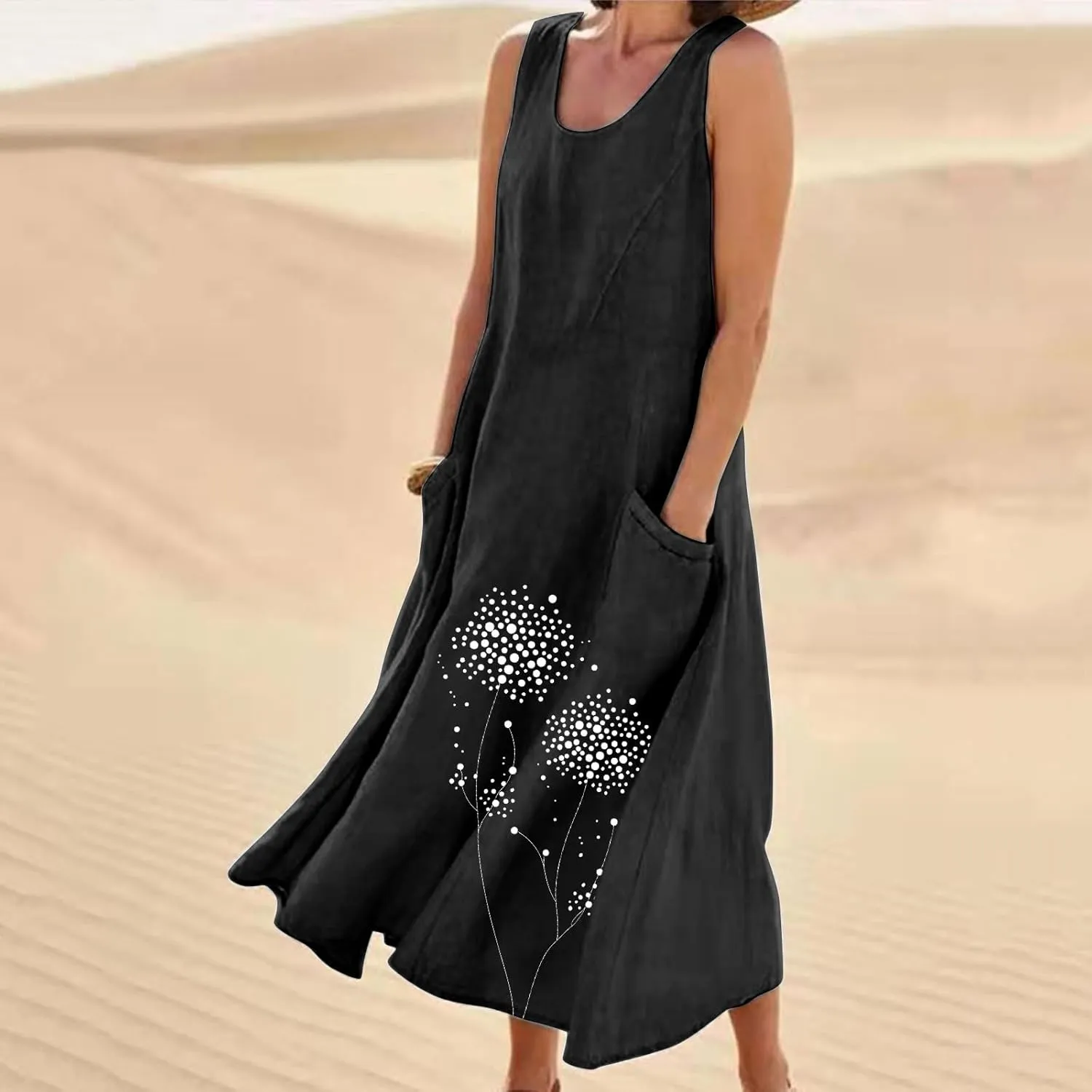 Women's Summer Casual Sleeveless Cotton Sun Dress Maxi Tank Beach 2025 Vacation Travel Floral Print Dress with Pockets