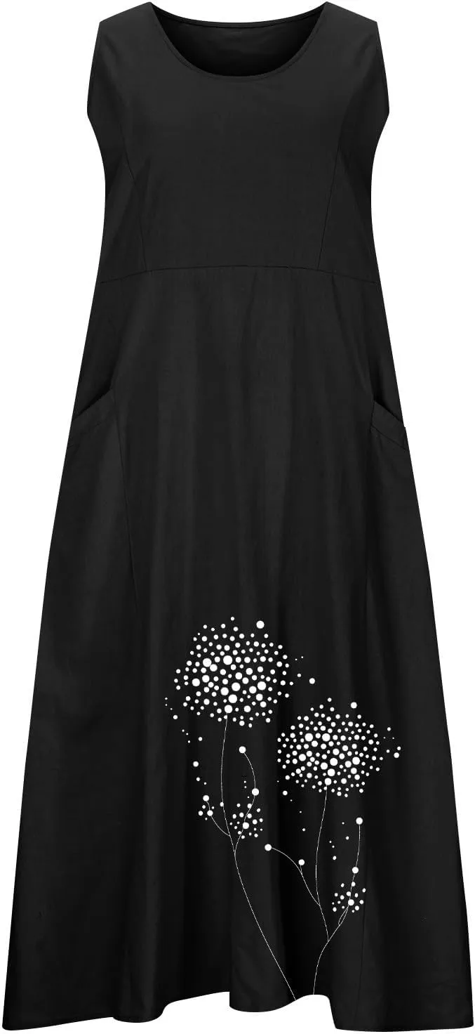 Women's Summer Casual Sleeveless Cotton Sun Dress Maxi Tank Beach 2025 Vacation Travel Floral Print Dress with Pockets