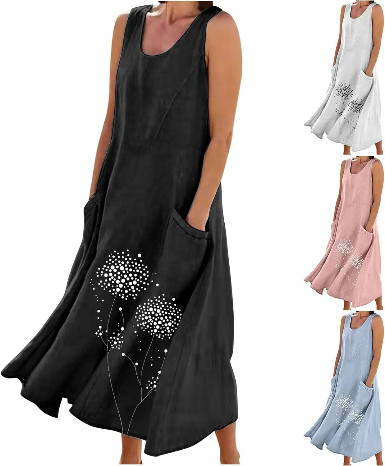 Women's Summer Casual Sleeveless Cotton Sun Dress Maxi Tank Beach 2025 Vacation Travel Floral Print Dress with Pockets