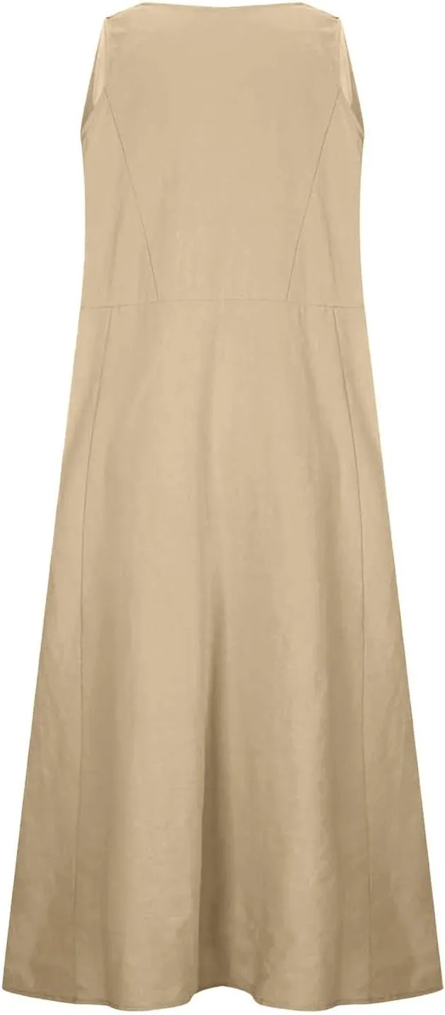 Women's Summer Cotton Linen Dresses 2025 Trendy Elegant Sleeveless Casual Baggy Flowy Beach Maxi Sun Dresses Pocket