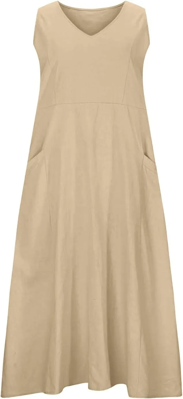 Women's Summer Cotton Linen Dresses 2025 Trendy Elegant Sleeveless Casual Baggy Flowy Beach Maxi Sun Dresses Pocket