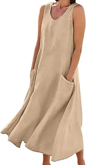 Women's Summer Cotton Linen Dresses 2025 Trendy Elegant Sleeveless Casual Baggy Flowy Beach Maxi Sun Dresses Pocket
