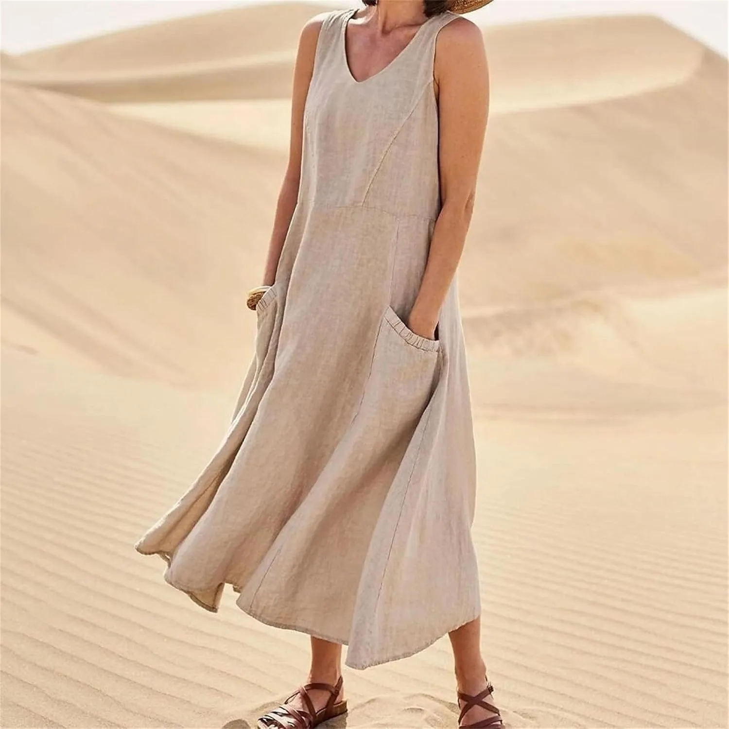 Women's Summer Cotton Linen Dresses 2025 Trendy Elegant Sleeveless Casual Baggy Flowy Beach Maxi Sun Dresses Pocket