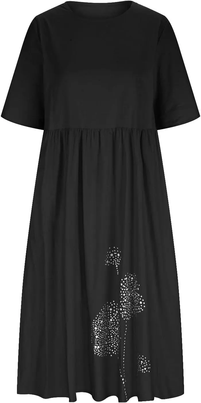 Womens Summer Cotton Linen Dresses Casual Short Sleeve Crew Neck Dress Trendy Loose Beach Sundress with Pockets