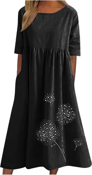 Womens Summer Cotton Linen Dresses Casual Short Sleeve Crew Neck Dress Trendy Loose Beach Sundress with Pockets