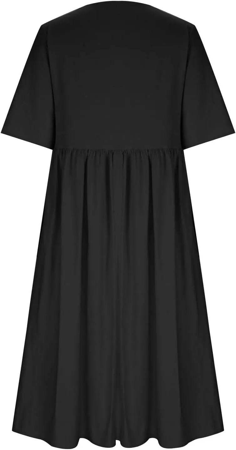 Womens Summer Cotton Linen Dresses Casual Short Sleeve Crew Neck Dress Trendy Loose Beach Sundress with Pockets