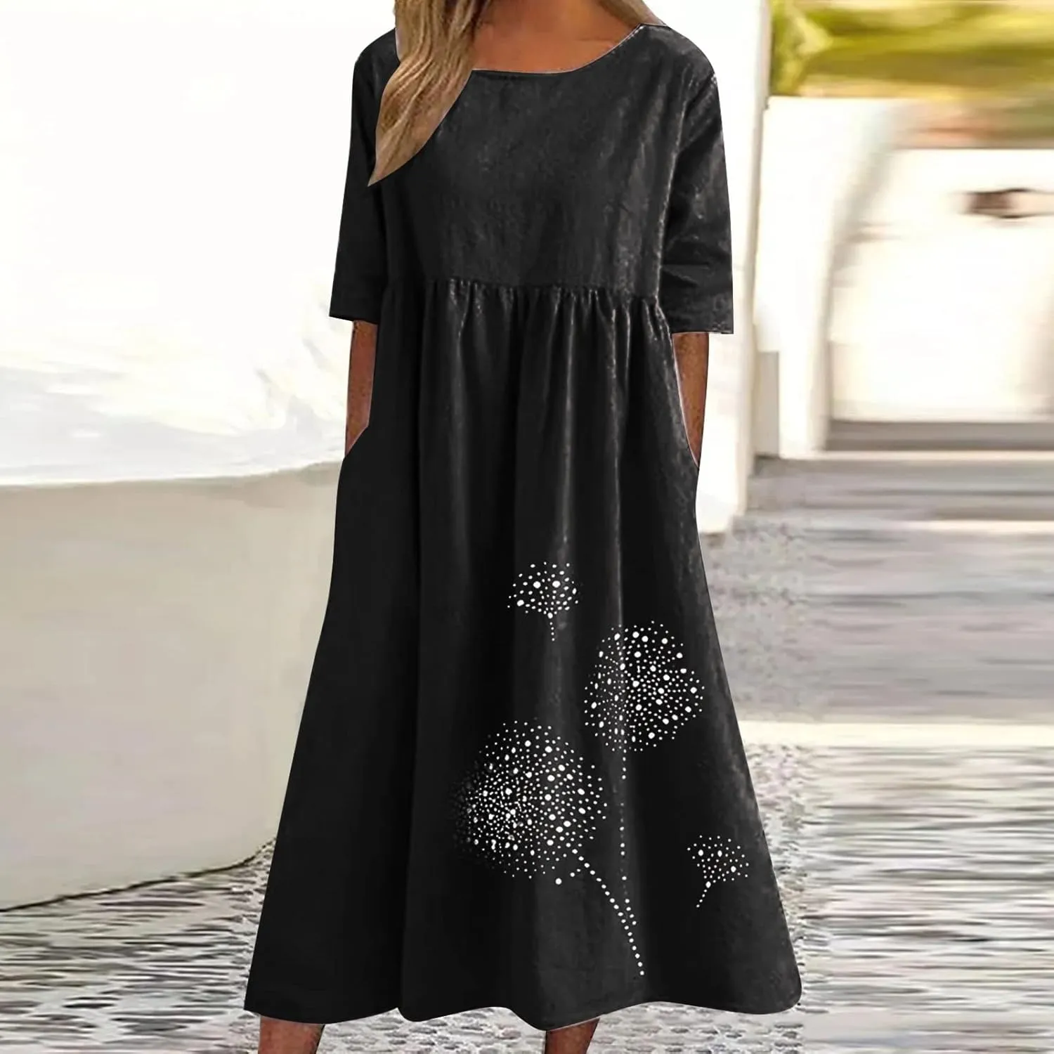 Womens Summer Cotton Linen Dresses Casual Short Sleeve Crew Neck Dress Trendy Loose Beach Sundress with Pockets