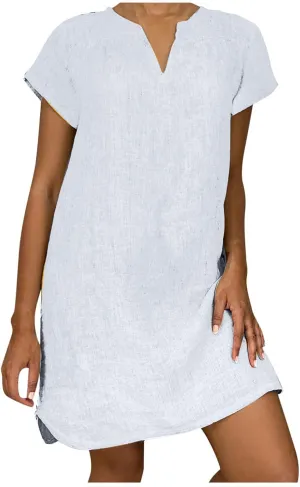 Womens Summer Cotton Linen Dresses Casual V Neck Short Sleeve Midi Dress Floral Embroidery Shirt Dress Plus Size S-5X Deals of The Day 2024 Vacation Sun Dresses Women, X-Large, White R