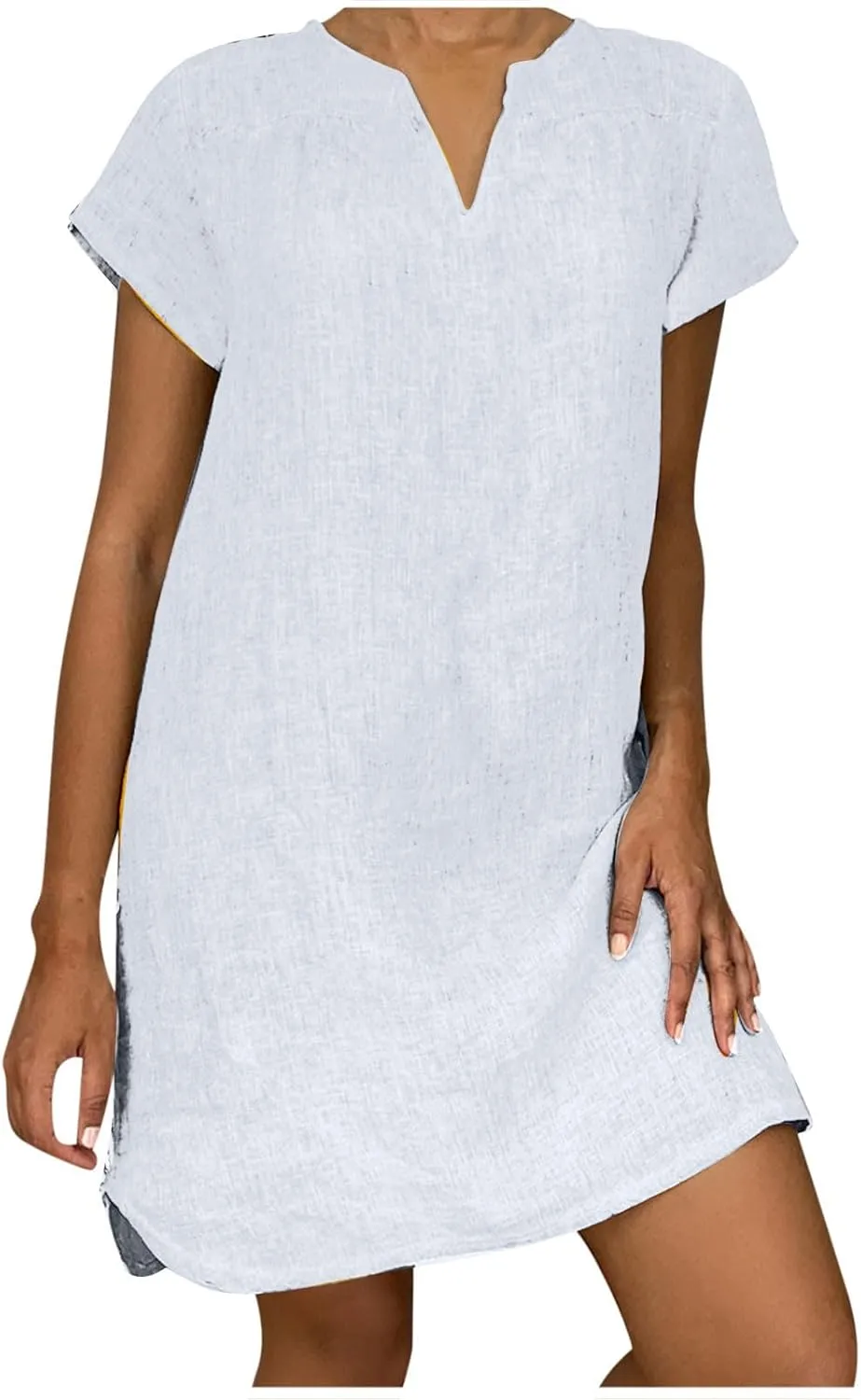Womens Summer Cotton Linen Dresses Casual V Neck Short Sleeve Midi Dress Floral Embroidery Shirt Dress Plus Size S-5X Deals of The Day 2024 Vacation Sun Dresses Women, X-Large, White R