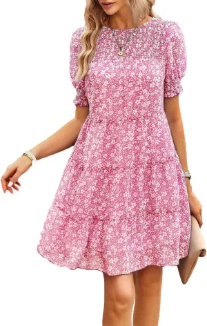 Women's Summer Dress Spring Short Sleeve Casual Dresses Swing Flowy Ruffle Hem Mini Beach Dresses