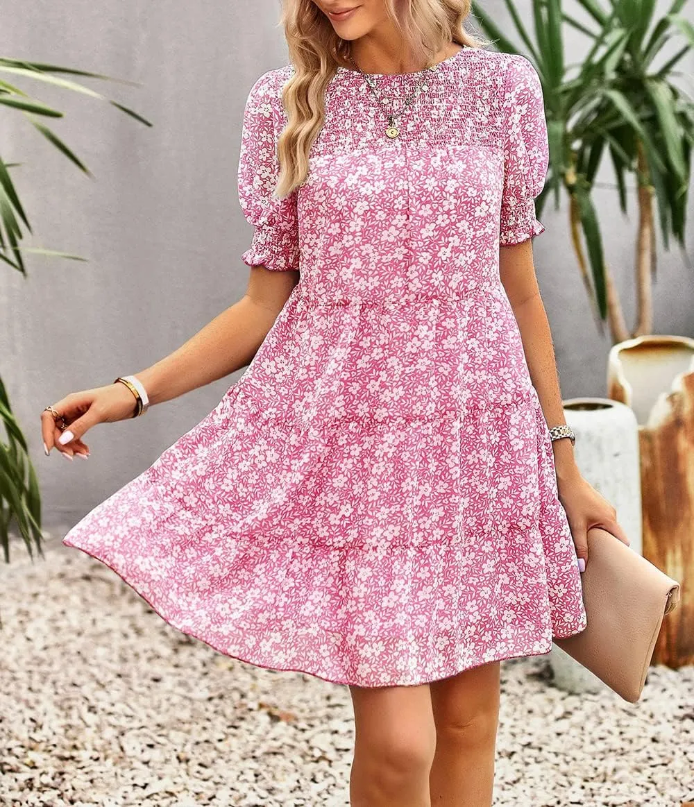 Women's Summer Dress Spring Short Sleeve Casual Dresses Swing Flowy Ruffle Hem Mini Beach Dresses