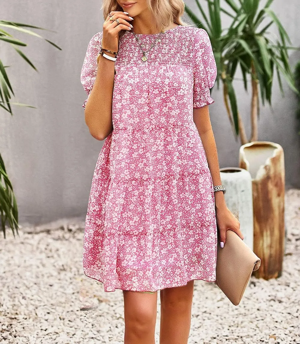 Women's Summer Dress Spring Short Sleeve Casual Dresses Swing Flowy Ruffle Hem Mini Beach Dresses