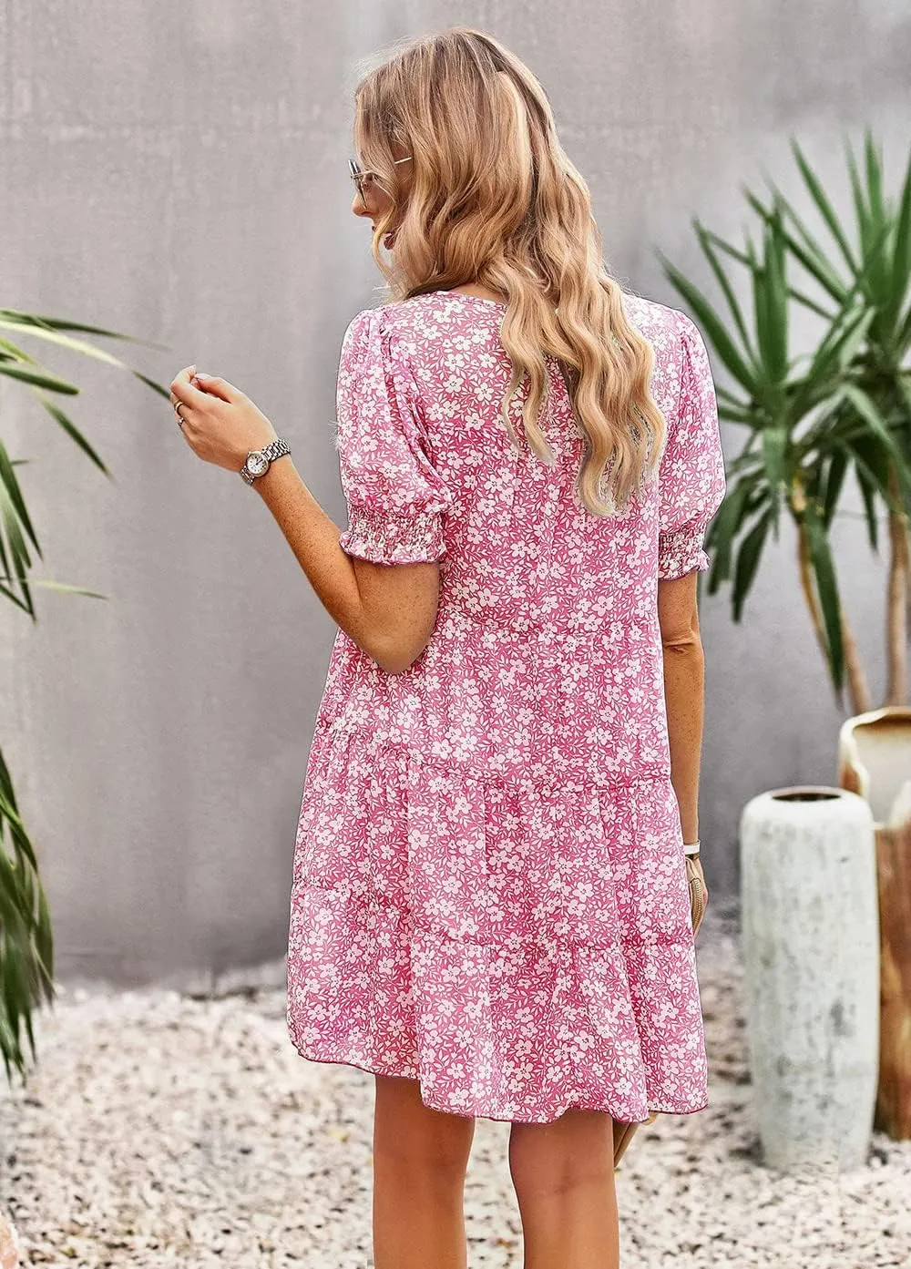 Women's Summer Dress Spring Short Sleeve Casual Dresses Swing Flowy Ruffle Hem Mini Beach Dresses