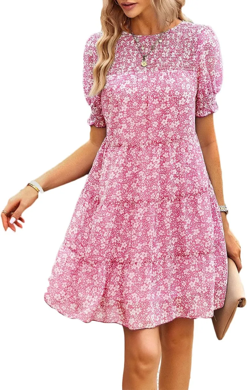 Women's Summer Dress Spring Short Sleeve Casual Dresses Swing Flowy Ruffle Hem Mini Beach Dresses