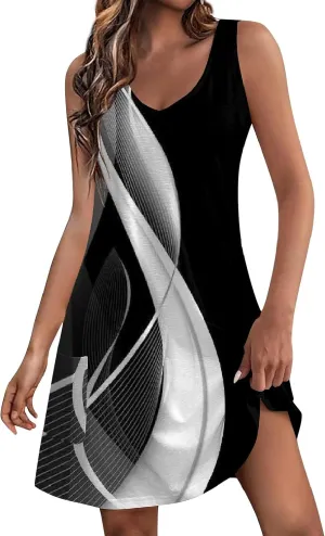 Womens Summer Dress, Trendy V Neck Casual Boho Dress with Pockets Flowy Knee Length Sleeveless Sun Dresses