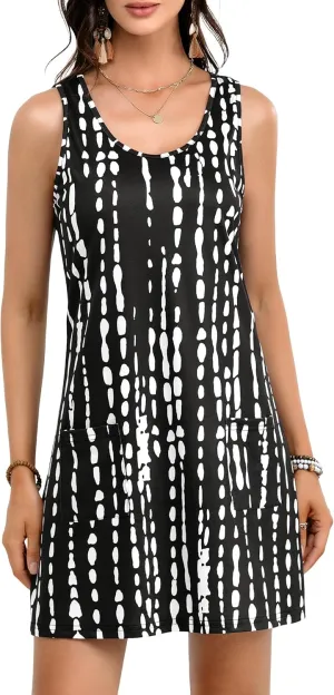 Women's Summer Dresses 2025 Casual Sleeveless Boho Beach Dress Scoop Neck T-Shirt Floral Sundress with Pocket
