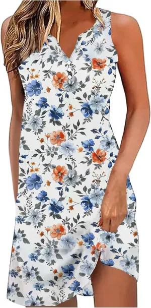 Womens Summer Dresses 2025 Loose Sleeveless Dress Plus Size Midi Dress Floral Print Retro Sundresses Boho Clothes