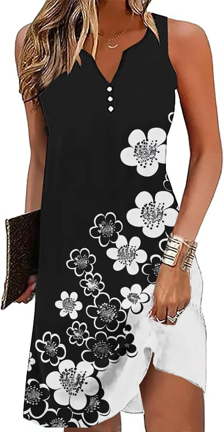 Womens Summer Dresses 2025 Loose Sleeveless Dress Plus Size Midi Dress Floral Print Retro Sundresses Boho Clothes