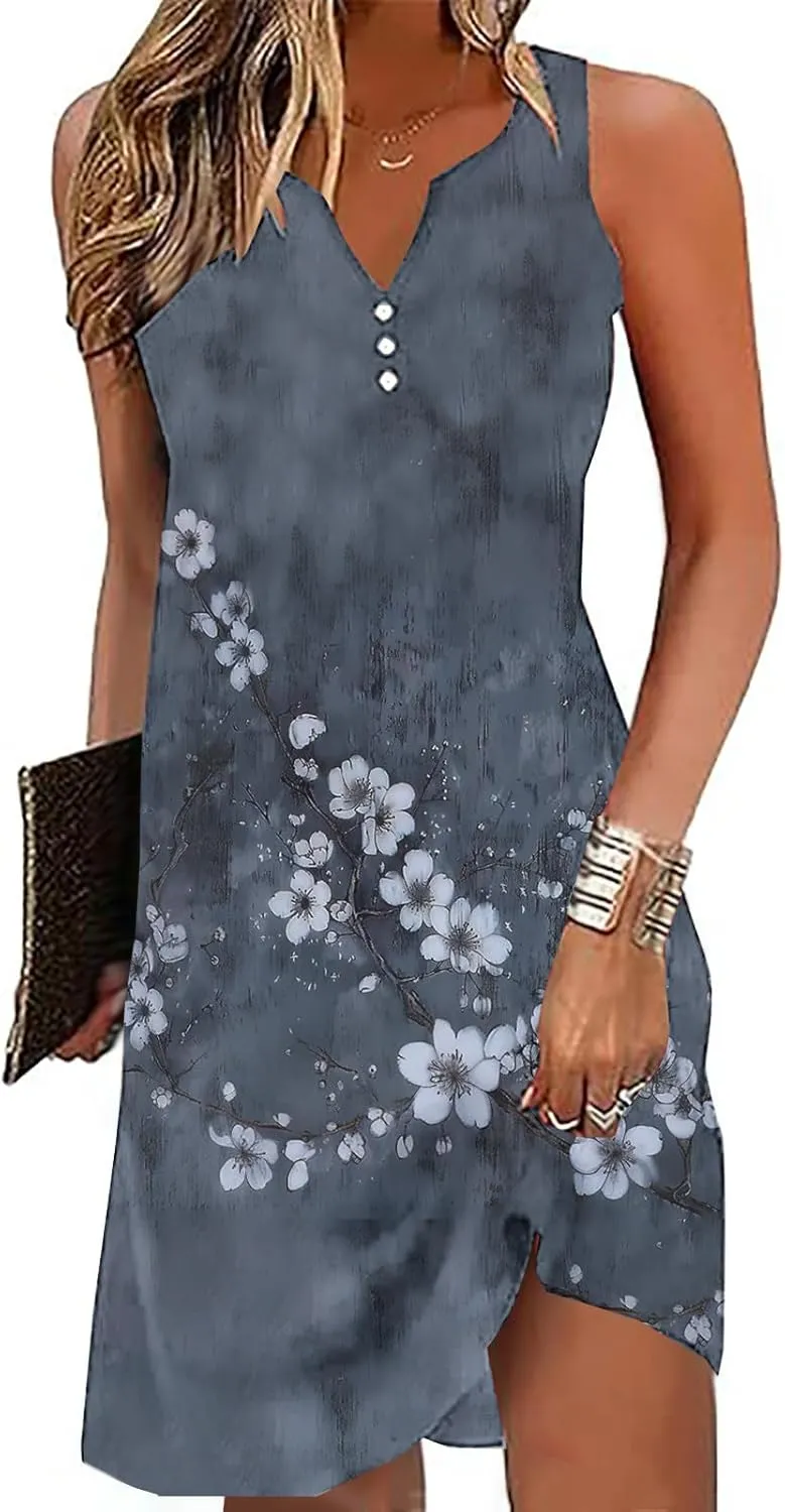 Womens Summer Dresses 2025 Loose Sleeveless Dress Plus Size Midi Dress Floral Print Retro Sundresses Boho Clothes