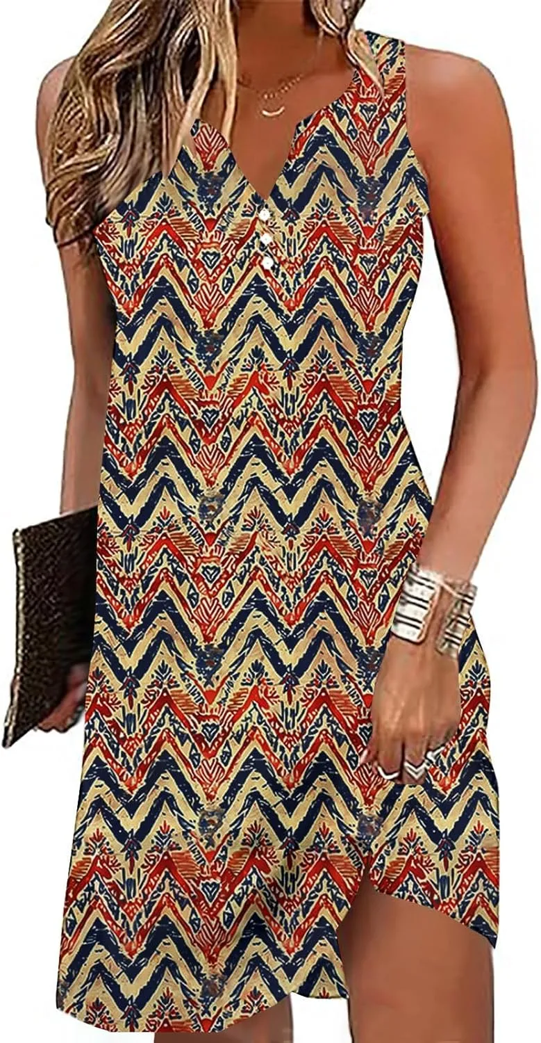 Womens Summer Dresses 2025 Loose Sleeveless Dress Plus Size Midi Dress Floral Print Retro Sundresses Boho Clothes