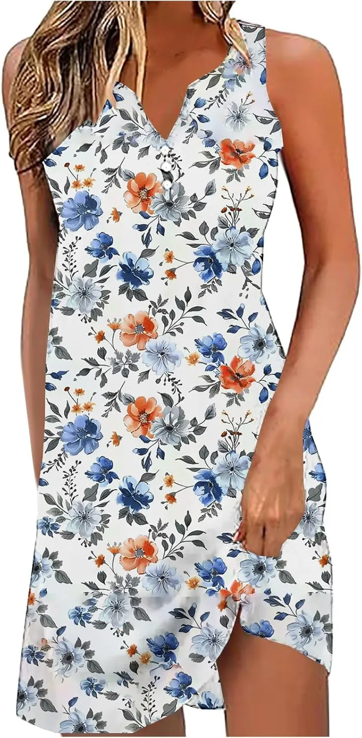 Womens Summer Dresses 2025 Loose Sleeveless Dress Plus Size Midi Dress Floral Print Retro Sundresses Boho Clothes