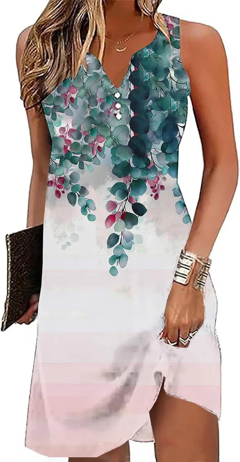 Womens Summer Dresses 2025 Loose Sleeveless Dress Plus Size Midi Dress Floral Print Retro Sundresses Boho Clothes