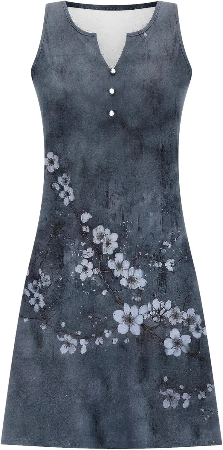 Womens Summer Dresses 2025 Loose Sleeveless Dress Plus Size Midi Dress Floral Print Retro Sundresses Boho Clothes
