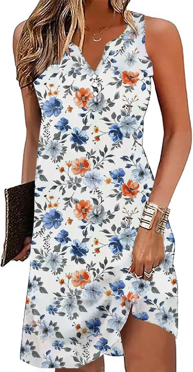 Womens Summer Dresses 2025 Loose Sleeveless Dress Plus Size Midi Dress Floral Print Retro Sundresses Boho Clothes